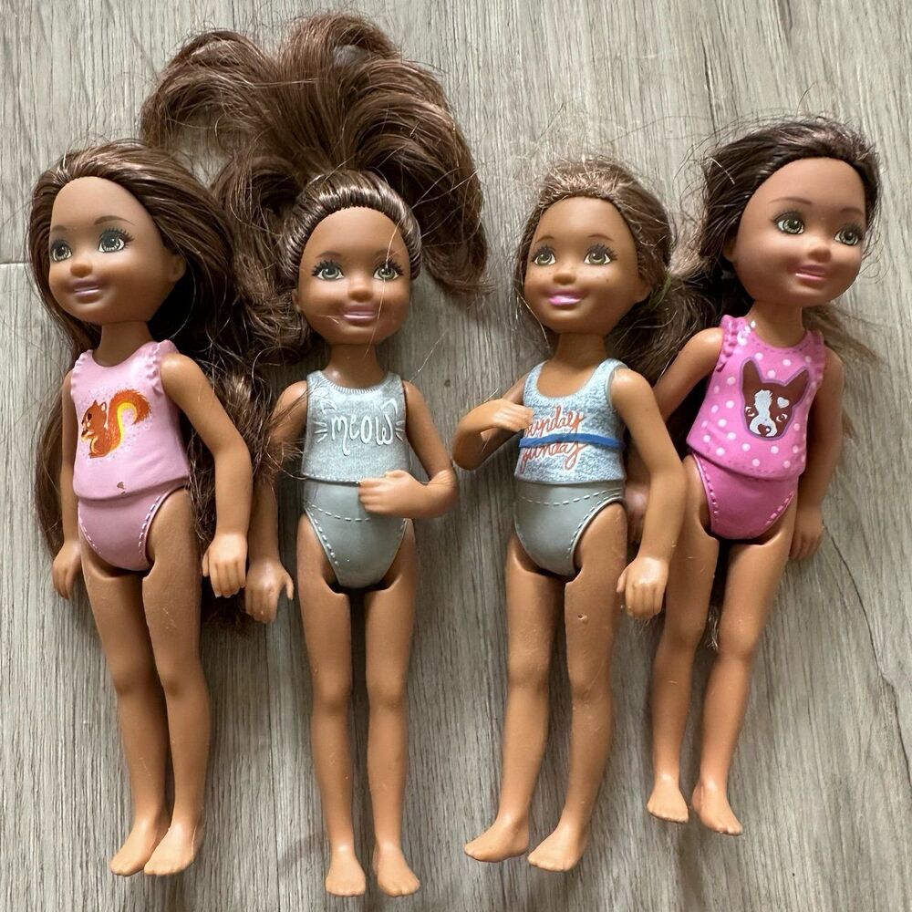 Lot of 4 Barbie Little Sister Chelsea Dolls Brunette Brown Hair Medium Skin Hair
